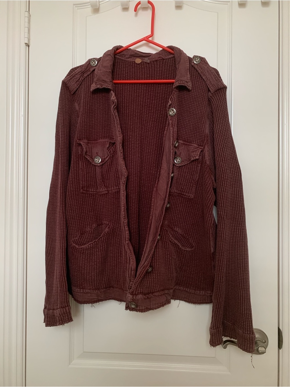 FP One Free People Waffle Knit Thermal Shacket Button Front Boho Raw Hem